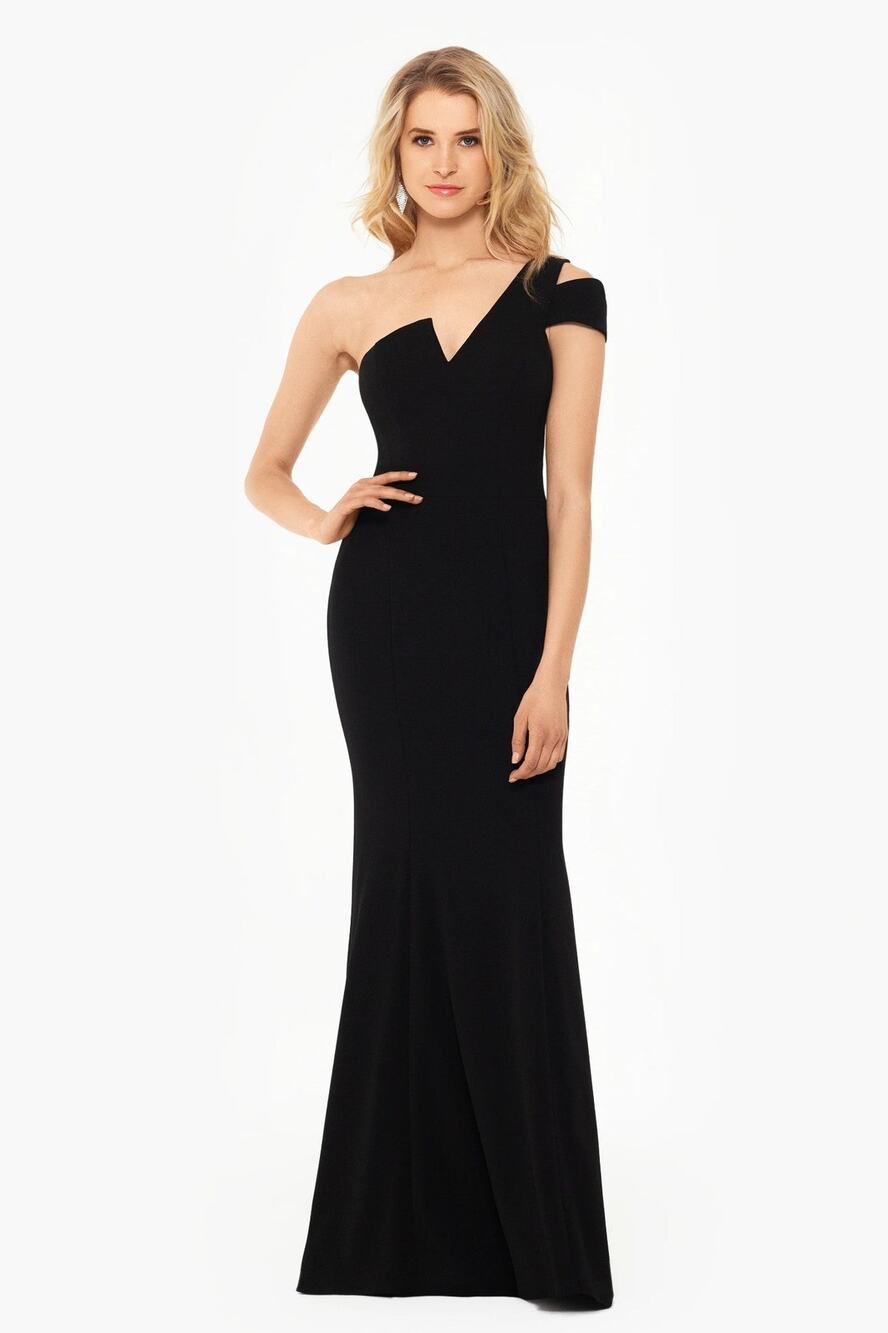 Betsy & Adam Paulina Cut-Out One-Shoulder Floor Length Gown in Black - 6